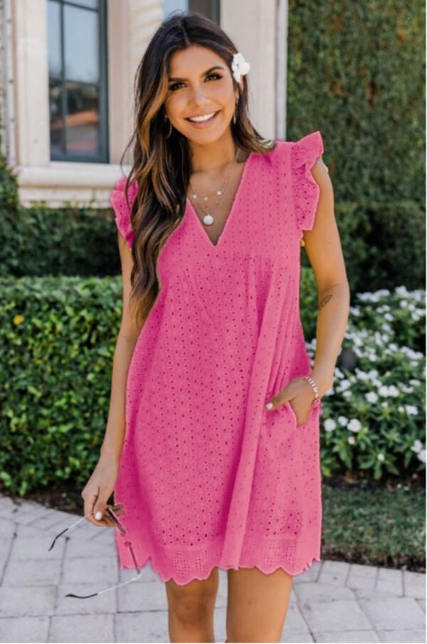 Lace Dresses With Pocket Summer Sleeveless Jacquard Cutout V-Neck Beach Dress - Image 6