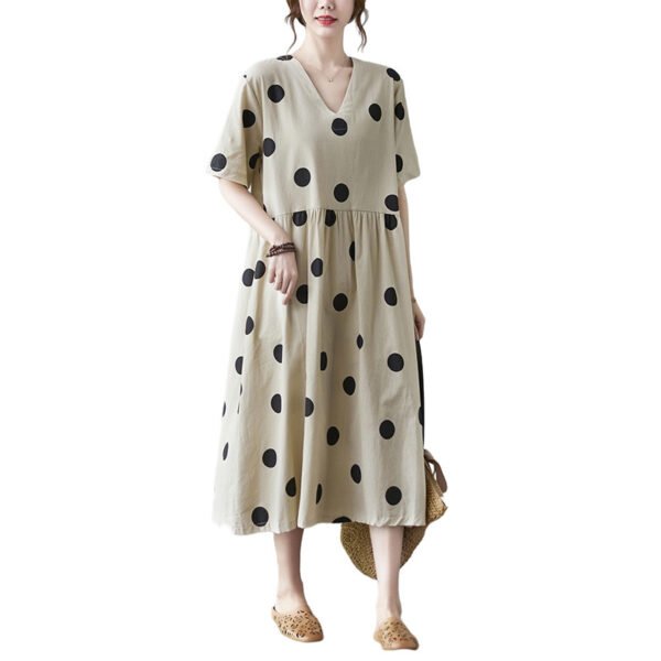 Loose-paneled Cotton And Linen V-neck Short-sleeved Dress - Image 2