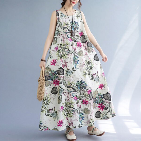 Printed Cotton Linen Round Neck Sleeveless Dress Women's - Image 8