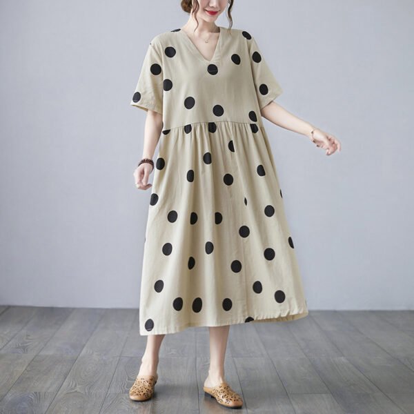 Loose-paneled Cotton And Linen V-neck Short-sleeved Dress - Image 3