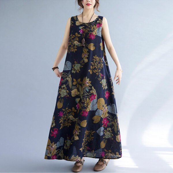 Printed Cotton Linen Round Neck Sleeveless Dress Women's - Image 9