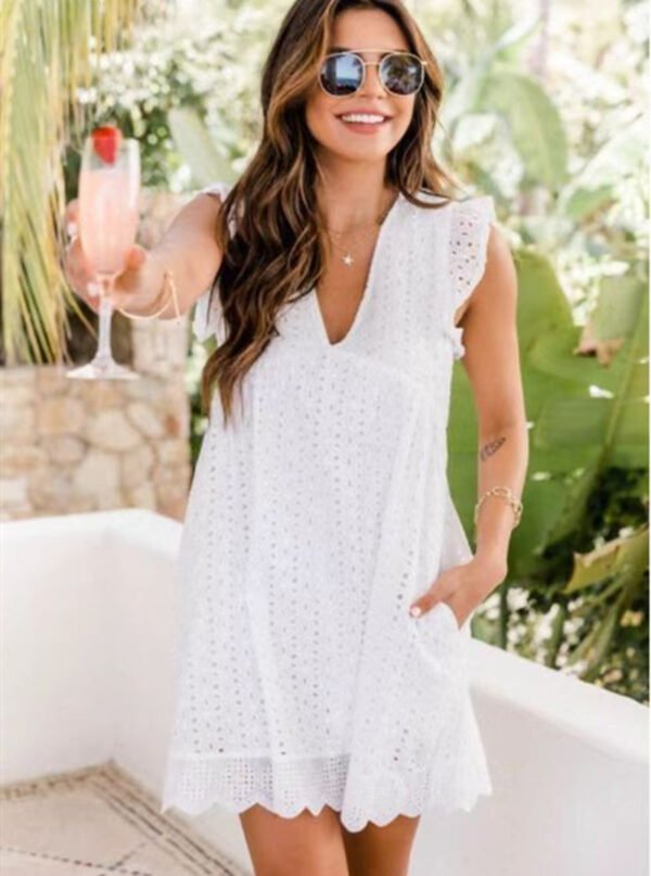 Lace Dresses With Pocket Summer Sleeveless Jacquard Cutout V-Neck Beach Dress - Image 8