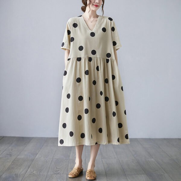 Loose-paneled Cotton And Linen V-neck Short-sleeved Dress - Image 6