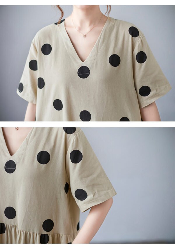Loose-paneled Cotton And Linen V-neck Short-sleeved Dress - Image 5