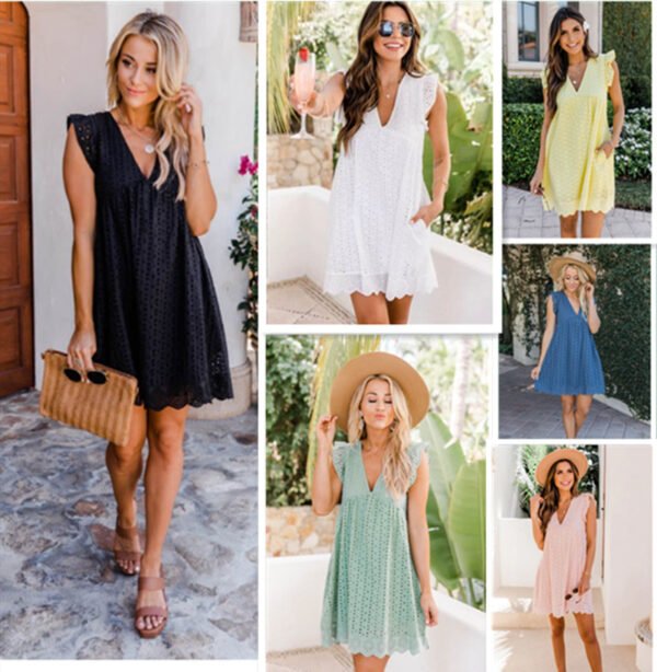 Lace Dresses With Pocket Summer Sleeveless Jacquard Cutout V-Neck Beach Dress - Image 4
