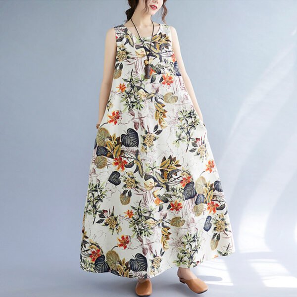Printed Cotton Linen Round Neck Sleeveless Dress Women's - Image 3