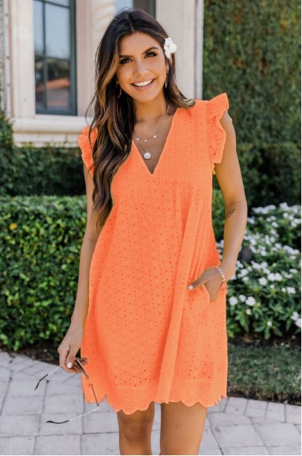 Lace Dresses With Pocket Summer Sleeveless Jacquard Cutout V-Neck Beach Dress - Image 9