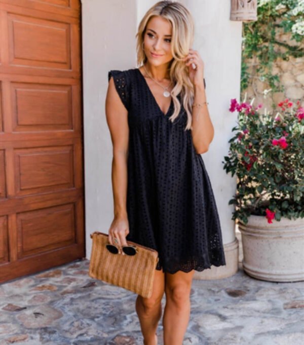 Lace Dresses With Pocket Summer Sleeveless Jacquard Cutout V-Neck Beach Dress - Image 5